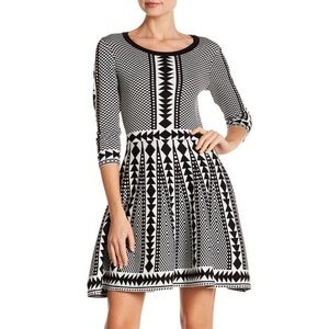 Nina Leonard Knit Sweater Fit Flare Dress Geometric Sz Medium